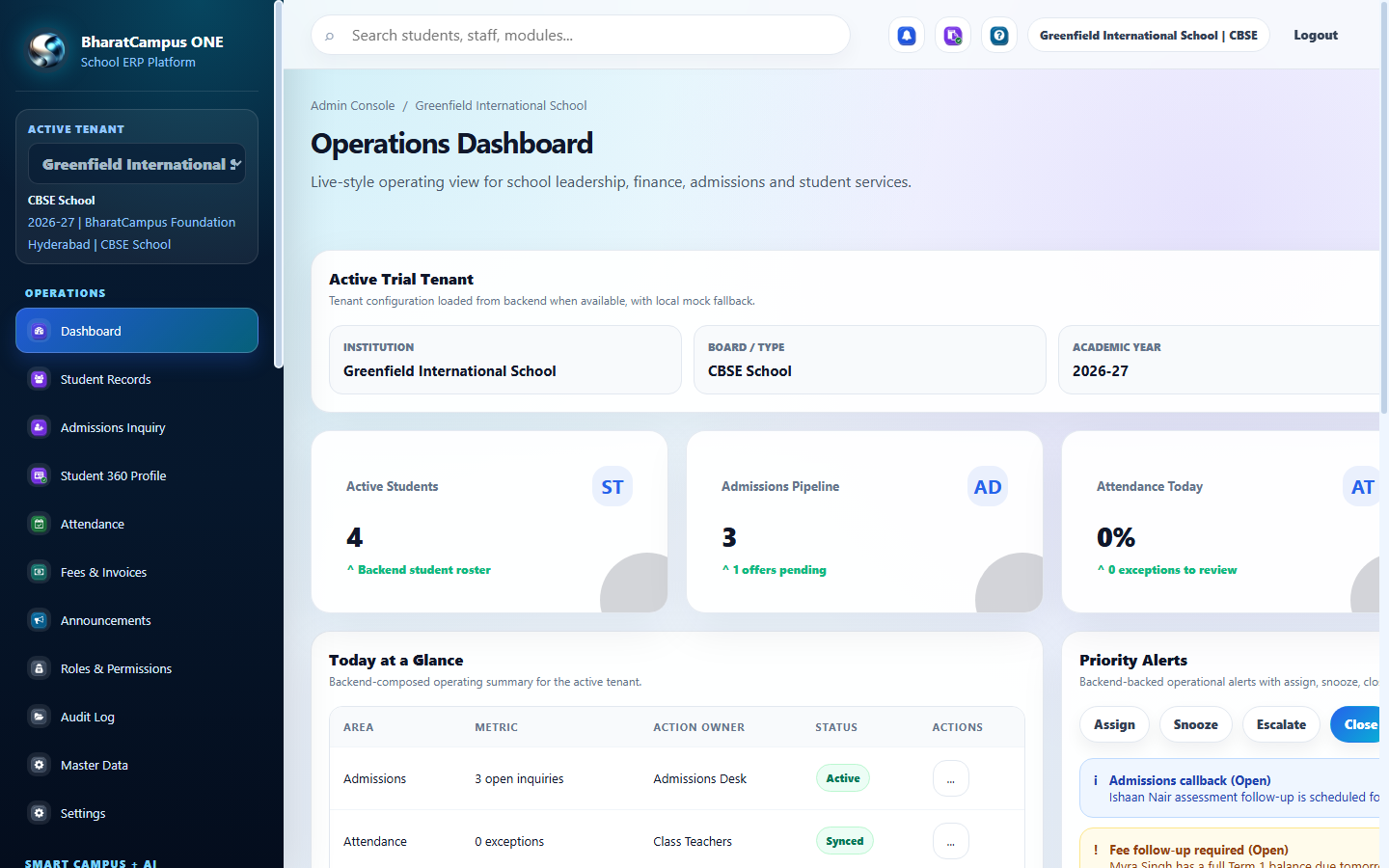 School operations dashboard illustrating the workflows included in a School ERP cost comparison