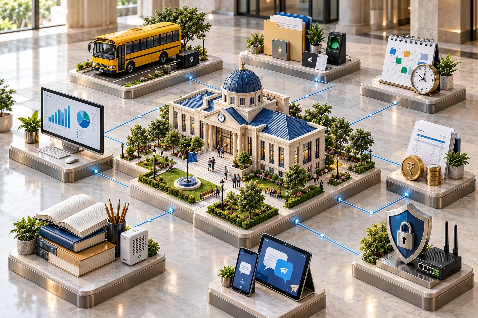 Connected-campus concept with RFID and biometric readers, GPS transport tracking, a gateway and classroom sensors around a school
