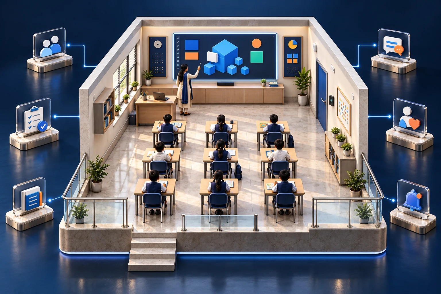 Realistic classroom concept showing teacher and learners connected to roster, attendance, resources, communication, support and notification workflows