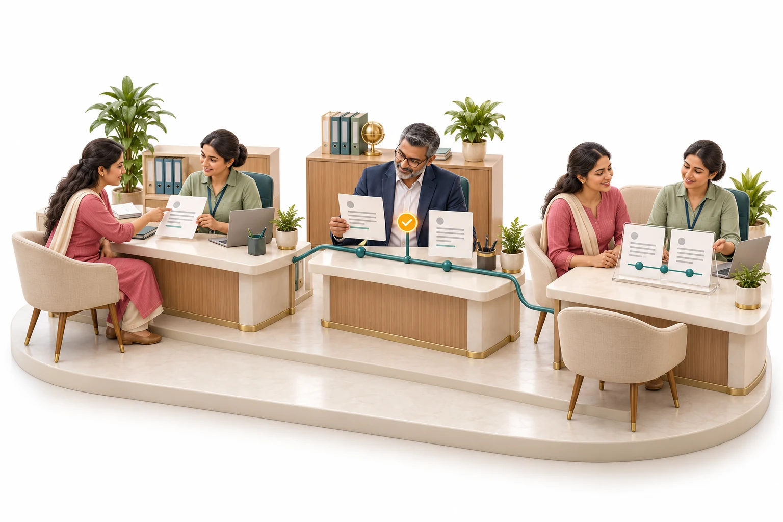 Illustrated campus finance team reviewing a parent's fee query, an adjustment and the linked account history