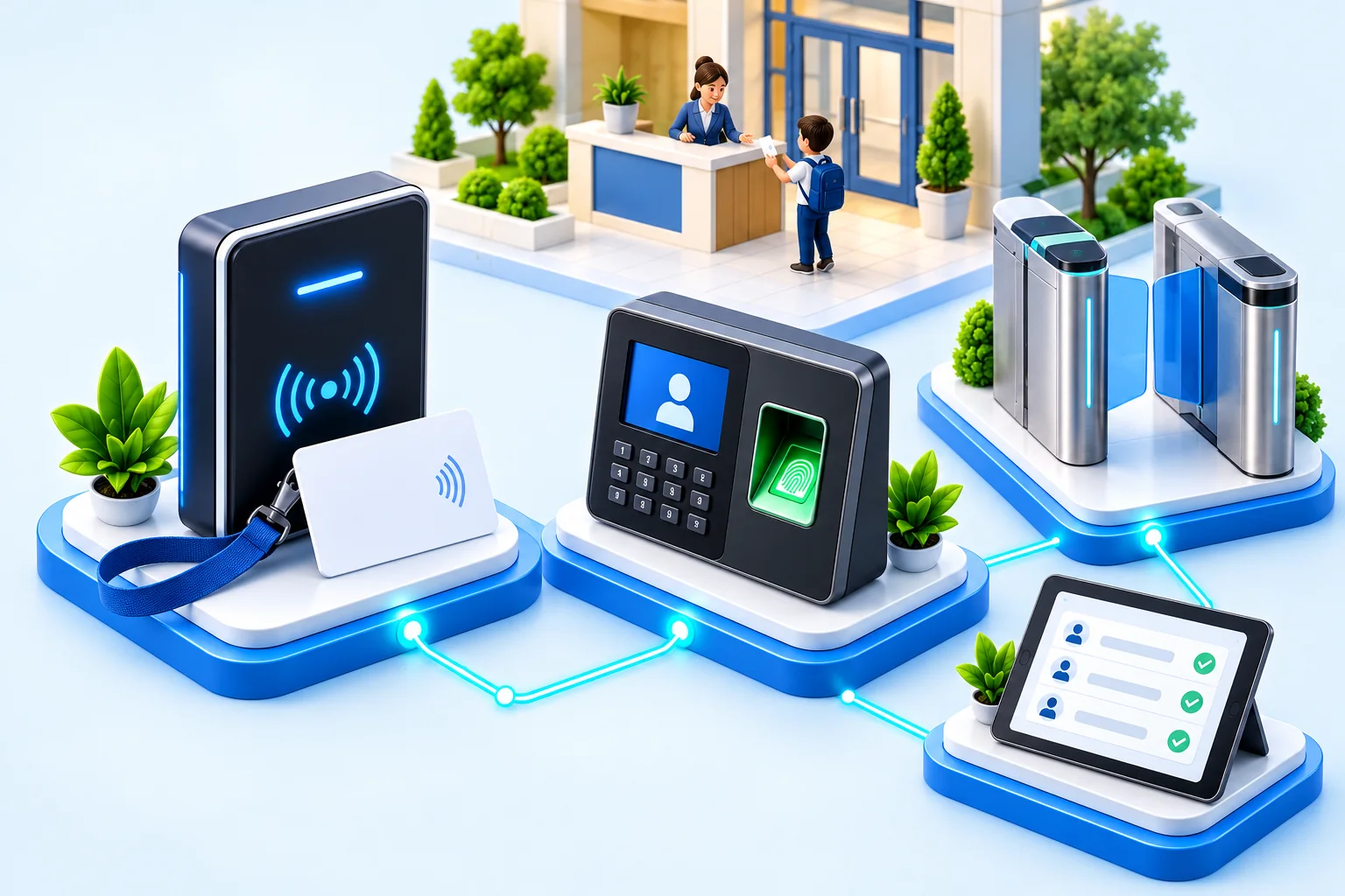 RFID reader and card, fingerprint attendance terminal and access turnstile with an adult supervising a school arrival