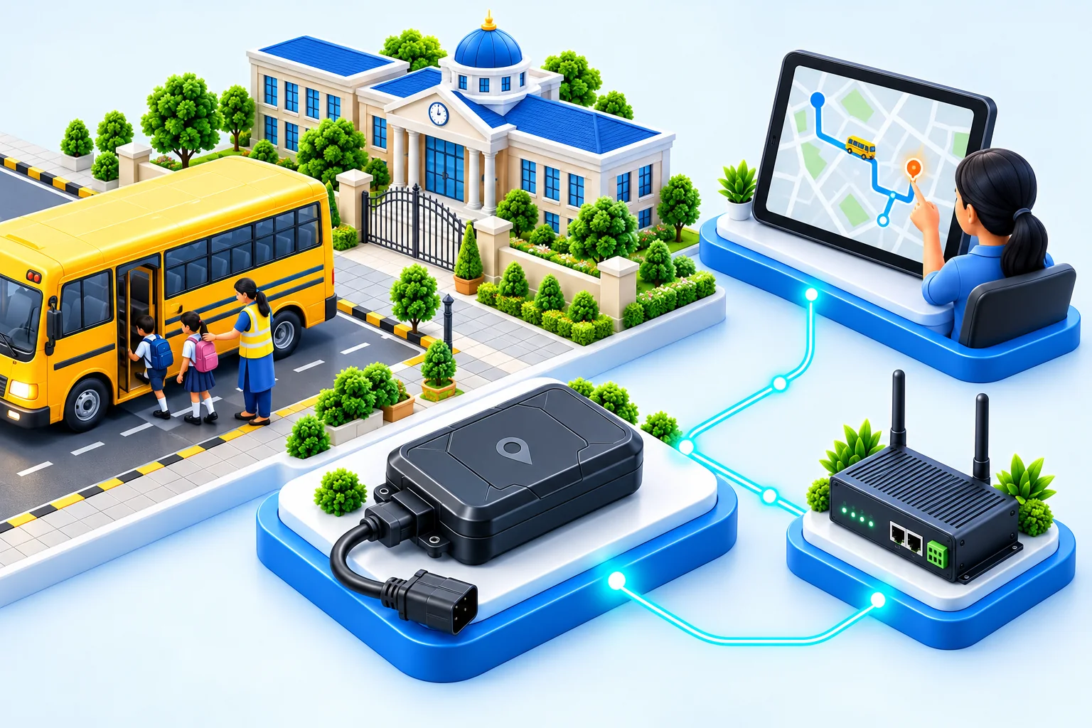Physical GPS tracker and cellular gateway connected to a school bus and an operator reviewing a route map